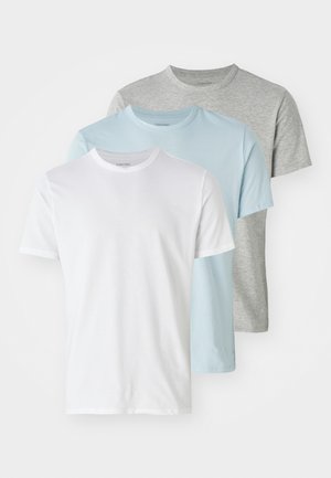 Three crew-neck t-shirts: one white, one light blue, one gray. Made of cotton, featuring short sleeves and a regular fit design.
