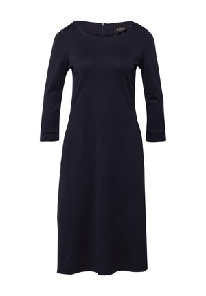 Marineblauwe jurk tot op de knieën met driekwartmouwen, ronde hals en ritssluiting aan de achterkant.