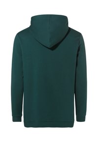 Grüne Kapuzenjacke mit weicher Textur, ausgestattet mit einer geräumigen Kapuze sowie gerippten Bündchen und Saum. Einfaches Design ohne Muster oder Akzente.