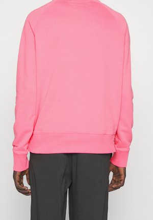 Person, die ein hellrosa langärmeliges Sweatshirt und dunkelgraue Hosen trägt, von hinten vor einem einfarbigen Hintergrund gesehen.