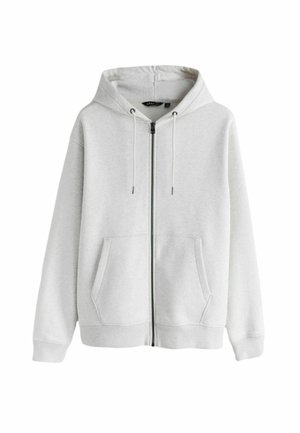 Lys grå hættetrøje med lynlås, forlommer og justerbar snøre i hætten, vist på en hvid baggrund.