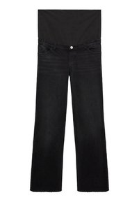 Black denim jeans with a wide-leg design, featuring a high waist, front pockets, and a frayed hem. Textured fabric with minimal hardware.