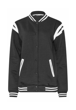 Giacca varsity nera con dettagli a righe bianche su colletto, polsini, orlo, maniche e tasche, con chiusura a bottoni a pressione.
