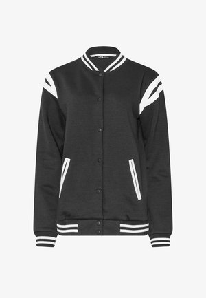 Veste universitaire noire avec des détails rayés blancs au col, aux poignets, à l'ourlet, sur les manches et les poches, dotée d'une fermeture à boutons-pression.