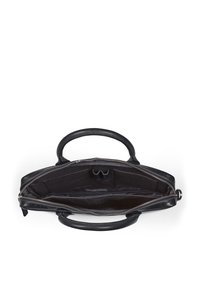 Schwarze Lederhandtasche mit doppelten Griffen, ausgestattet mit einem Reißverschluss, mehreren Innenfächern und einer glatten, strukturierten Oberfläche.