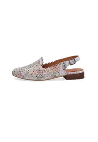 Mehrfarbige Slingback-Schuhe mit ausgeschnittenem Design, mit gewelltem Rand, beigem Lederfutter und niedrigem Holzabsatz.