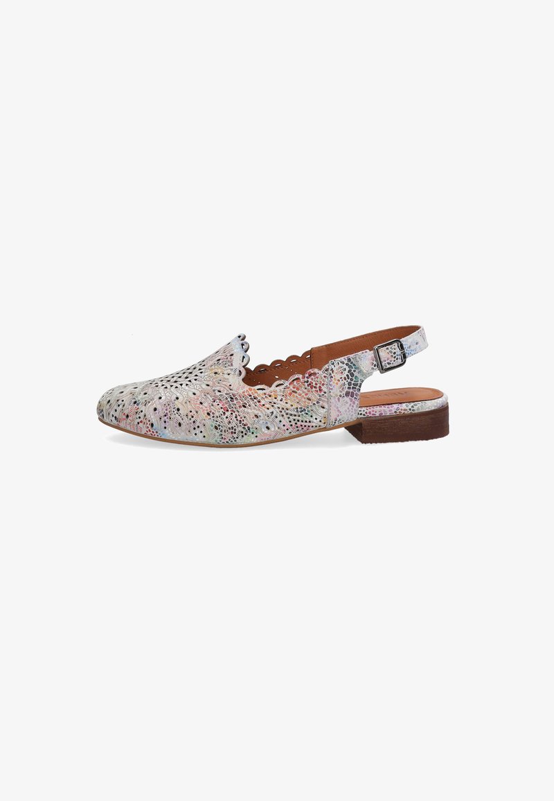Mehrfarbige Slingback-Schuhe mit ausgeschnittenem Design, mit gewelltem Rand, beigem Lederfutter und niedrigem Holzabsatz.