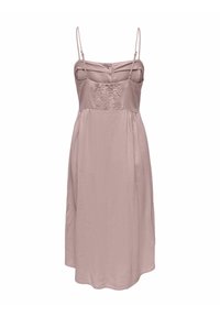 Ljusrosa ärmlös klänning med en figurnära överdel som har texturerade detaljer, ett flödande A-linjeformat snitt och justerbara spaghettistövlar.
