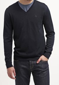 Osoba oblečená v tmavém svetr s výstřihem do V přes modrou košili, s rukama v kapsách, stojí v klidu na světlejším pozadí.