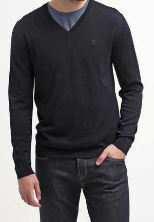 Een persoon in een donkere v-hals trui over een blauw shirt, met de handen in de zakken, staat kalm tegen een lichte achtergrond.