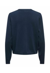 Suéter de punto azul marino de manga larga con escote redondo, dobladillo recto y puños acanalados, visto desde atrás.