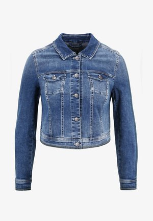 Denim jas met een kraag, lange mouwen en een sluiting met knopen aan de voorkant. Heeft twee borstzakken en een cropped fit. Lichte blauwe wassing.