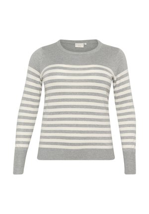 Grau-weiß gestreifter Pullover, lange Ärmel, runder Halsausschnitt, aus weichem Strickmaterial, mit einem gleichmäßigen abwechselnden Muster.