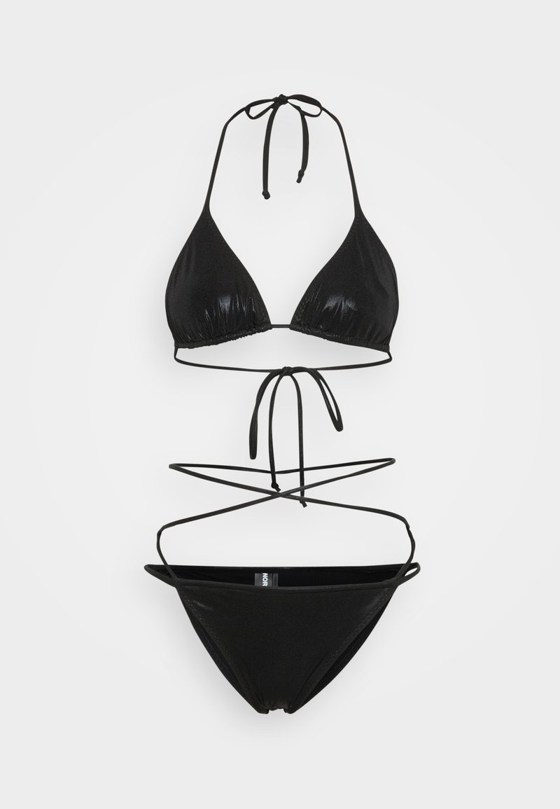 Black bikini set features a triangular top with adjustable ties, and a bottom with minimal coverage. Glossy, smooth texture throughout.