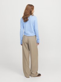 Hellblauer langärmliger Pullover, an den Schultern körperbetont, mit Rundhalsausschnitt. Kombiniert mit beigefarbenen weiten Hosen und braunen Schuhen.