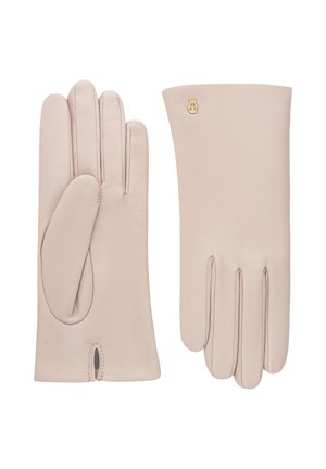Pair of beige leather gloves, one showing palm side with thumb seam, the other showing back with small gold emblem near wrist.