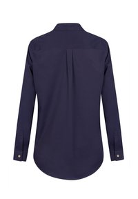 Camicia a maniche lunghe blu navy con colletto, tessuto uniforme, orlo arrotondato e polsini con bottone. Presenta una pence centrale sul retro.