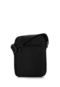 Borsa a tracolla nera realizzata in nylon resistente, caratterizzata da una forma rettangolare slim, con tracolla regolabile e tasca frontale con zip.