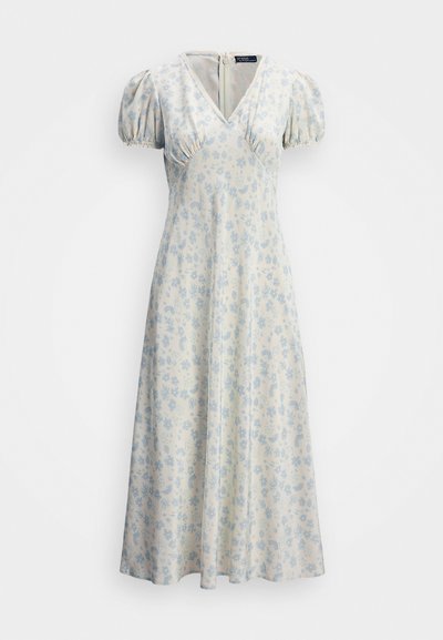 Bloemenprint, lichtblauwe en crèmekleurige jurk met pofmouwen, V-hals en ritssluiting aan de achterkant; vloeiende A-lijn vorm en zachte textuur.