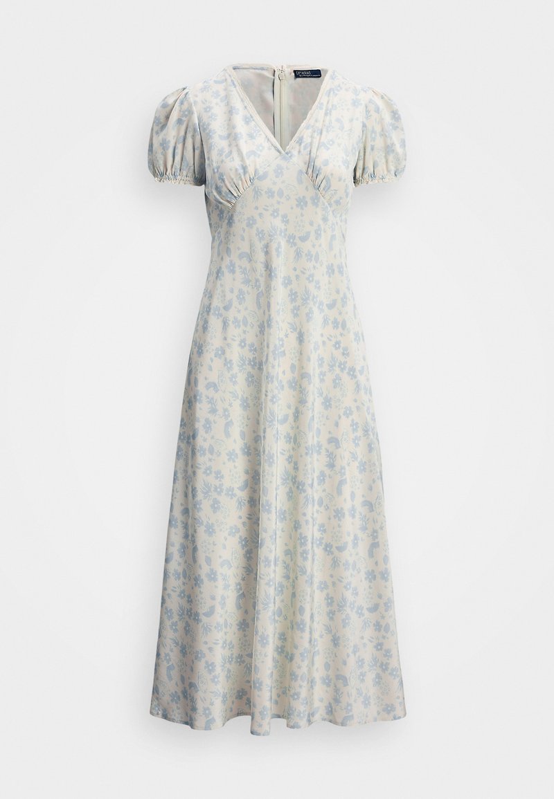 Ziedu raksta, gaiši zilas un krēmkrāsas kleita ar puff piedurknēm, V veida kakla izgriezumu un aizdari aizmugurē; plūstoša A līnijas forma un mīksta tekstūra.