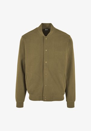 Olivgrünes Bomberjacke mit Druckknopfverschluss, geripptem Kragen und Bündchen sowie zwei Seitentaschen.