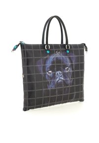 Borsa a scacchi nera con manici corti, accenti di bottoni turchesi e una grande faccia di bulldog francese dettagliata stampata sul davanti.