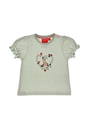 Child's short-sleeve green and white striped shirt with ruffled sleeves and a heart-shaped floral wreath surrounding a sitting deer embroidered on the front.