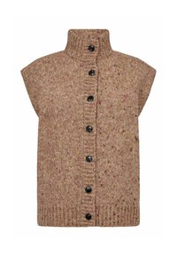 Beige kootud vest kõrge krae, lühikeste varrukatega ja seitsme musta nupuga ees. Koosneb mitmevärvilistest täppidest kogu kanga ulatuses.