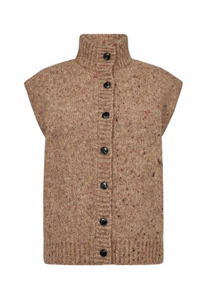 Beige gebreide vest met een hoge kraag, korte mouwen en zeven zwarte knopen aan de voorkant. Bevat multikleurige stippen door de stof heen.