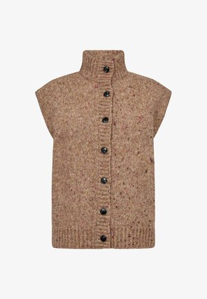 Beige gebreide vest met een hoge kraag, korte mouwen en zeven zwarte knopen aan de voorkant. Bevat multikleurige stippen door de stof heen.