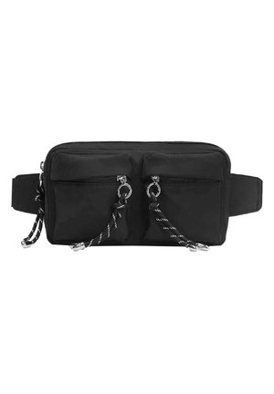 Black waist bag with two front zippered pockets featuring black-and-white striped pull cords and an adjustable strap.