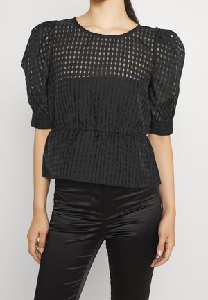 Schwarze Bluse mit Puffärmeln, ausgestattet mit einem strukturierten Karomuster, einer taillierten Passform und einer transparenten Stoffpartie oben mit rundem Ausschnitt.