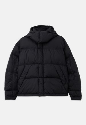 Black puffer jacket with a hood, featuring quilted texture, a front pocket, and zippered side pockets. Designed with a loose silhouette.