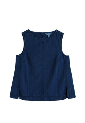 Tumši zila džinsa bezroku topiņa ar apaļu kakla izgriezumu un sānu šķēlumiem, ar redzamām šuvēm un aizmugurējo rāvējslēdzēja aizdari.