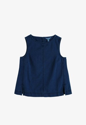 Mouwloos donkerblauw denimtopje met ronde halslijn en zijopeningen, met zichtbare stiksels en een ritssluiting aan de achterkant.