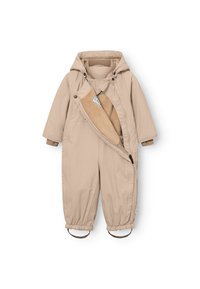 Beige isolert snowsuit med hette, myk innside, elastiske mansjetter og avtagbare fotstropper. Glidelås og trykknapper er inkludert.