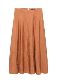 Rust-oranje midi-rok met subtiele glans, uitlopende silhoët, naaddetails bij de zoom en een ritssluiting aan de achterkant.