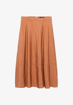 Rost-orange Midikleid mit dezentem Glanz, ausgestelltem Schnitt, Nähten in der Nähe des Saums und einem Reißverschluss im Rücken.