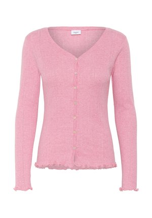 Lichtroze, lange mouwen, knopen cardigan met delicate breipatronen en geplooide randen op de manchet en de zoom.