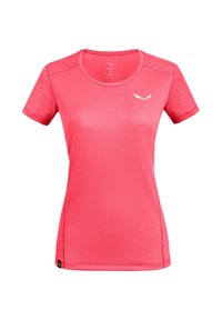 Lysrosa kortärmad träningsskjorta med rund halsringning, liten vit logotyp på vänster bröst och svart etikett nära fållen.