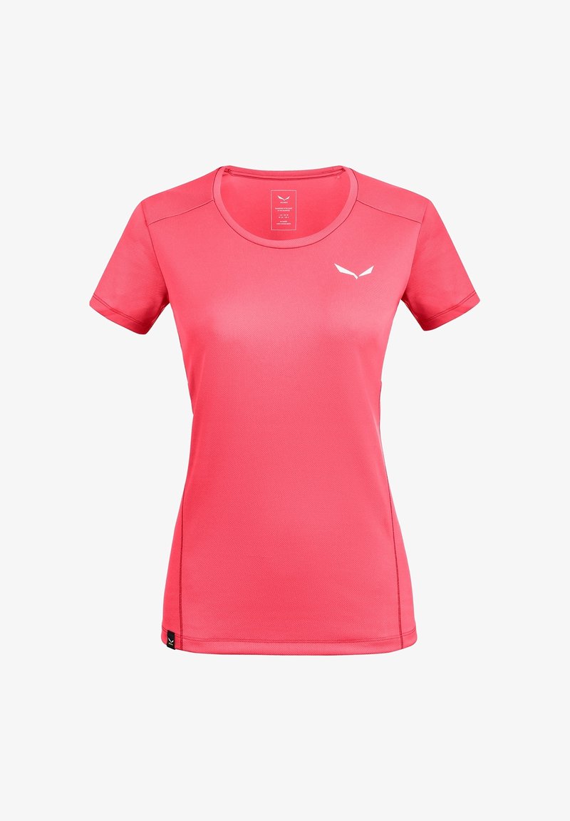 Bright pink short-sleeve athletic shirt with round neckline, small white logo on left chest, and black tag near hem.