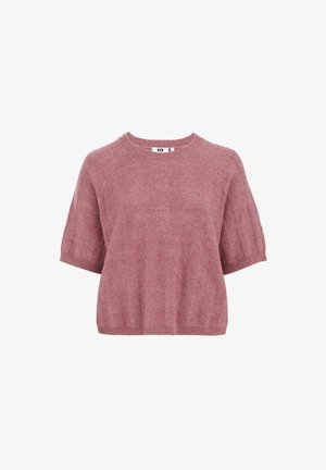 Short-sleeve sweater in dusty rose, featuring a ribbed texture, crew neckline, and relaxed fit. Soft material with a lightweight appearance.
