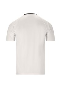 Lyhythihainen valkoinen t-paita, jossa on musta kaulus. Valmistettu sileästä ja kevyestä kankaasta. Ominaisuutena yksinkertainen ja koristelematon muotoilu.