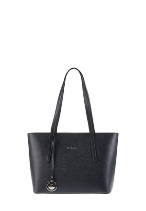 Sac fourre-tout en cuir noir texturé avec deux longues poignées, présentant un charm circulaire décoratif et un logo subtil à l'avant.