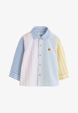 Langärmeliges Kleinkindshirt mit vertikalen Streifen in Blau, Pink und Gelb, Holzknöpfe vorne und ein kleines Bären-Gesicht-Patch auf der Brust.