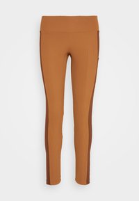 Hnědé legíny s vroubkovanou strukturou, vysokým pasem a kontrastními tmavohnědými bočními panely. Úzký střih.