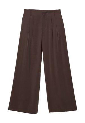 Pantalons larges en tissu marron foncé, dotés de deux plis à l'avant, d'une texture lisse et d'un design simple avec des passants de ceinture.