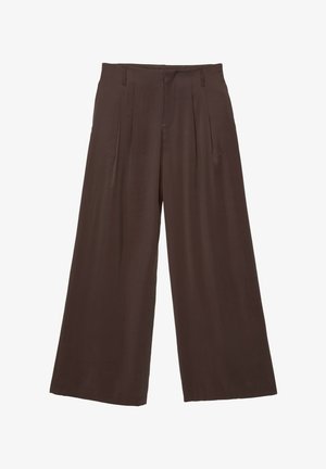 Wide-leg trousers in dark brown fabric, featuring two front pleats, a smooth texture, and a simple design with belt loops.