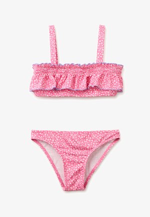 Rosa geblümter zweiteiliger Badeanzug mit Rüschentop mit verstellbaren Trägern und passendem Unterteil mit voller Bedeckung.