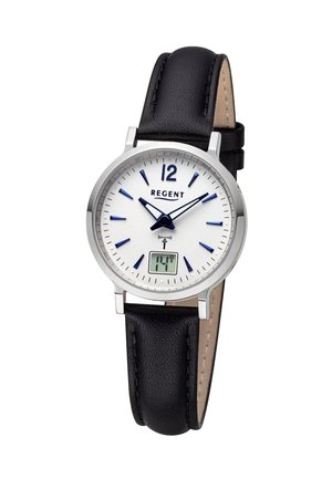 Montre analogique avec cadran blanc, index et aiguilles bleues, boîtier argenté, bracelet en cuir noir et petit affichage numérique indiquant "147".